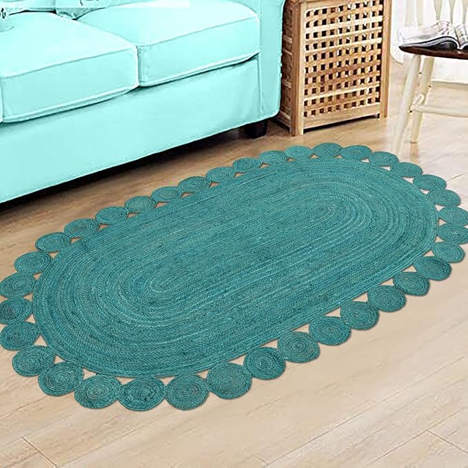 Oval Rug 10x16 Area Rug Kilim Rug Turquoise Solid Design 0.27 inches ThickIndoor Outdoor Rug Flatweave Rug High Traffic Area Lake House Bedroom Dining Room Living Room
