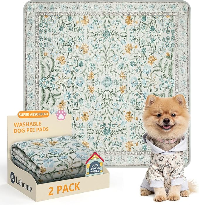 Lahome Washable Reusable Pee Pads for Dogs - Beige Botanical Floral 2 Pack Puppy Pads, Super Absorbent & Waterproof Training Mats for Crate & Floor - Leakproof with Non-Slip Backing (24"x24")