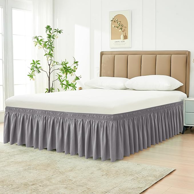 Biscaynebay Wrap Around Bed Skirts for King & Cal King Beds 19" Long Drop, Silver Grey Adjustable Elastic Dust Ruffles Easy Fit Wrinkle & Fade Resistant Silky Luxurious Fabric Solid Machine Washable