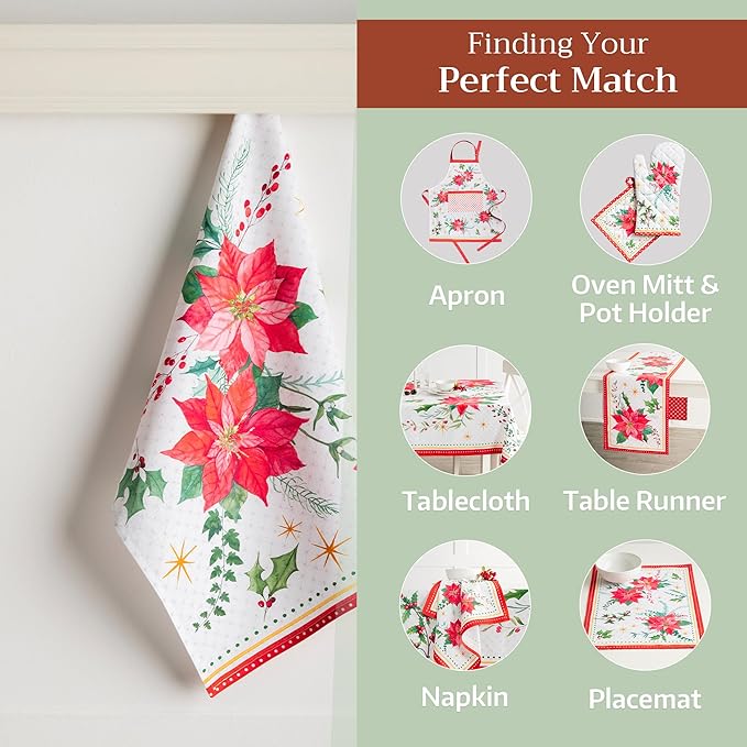 Maison d' Hermine Kitchen Towels Set of 3 100% Cotton 20" x 27.5" Reusable Cloth Tea Dish Towels Absorbent with Hanging Loop for Kitchen Thanksgiving Christmas Decorations (Poinsettia Christmas)