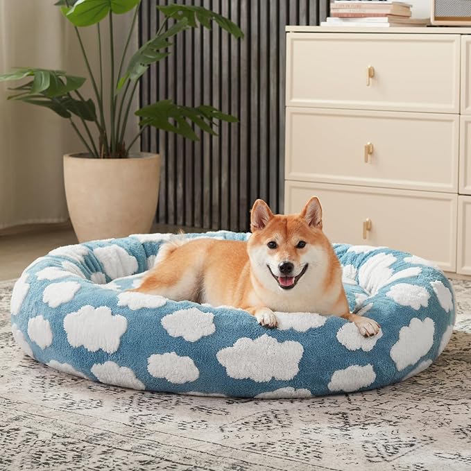 JOEJOY Donut Dog Bed Medium Size Dog, Cute Round Calming Pet Bed with Removable Washable Cover, Orthopedic Puppy Bed with Jacquard Shaggy Plush & Non Skid Bottom