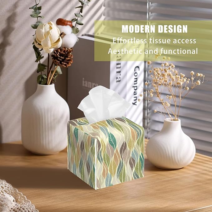 BLYKVGHQ Colorful Wavy Lines Square Tissue Box Cover Abstract Leaves Tissue Box Holder Facial Cube Paper Dispenser Leather Decorative Organizer Home Office Desk Decor, 5.2"x5.2"x5.2"