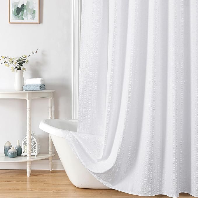 Aiyufeng Moga White Extra Long Shower Curtain 72 x 84, 3D Embossed Textured Fabric Shower Curtain for Bathroom, Water Repellent, Machine Washable, White