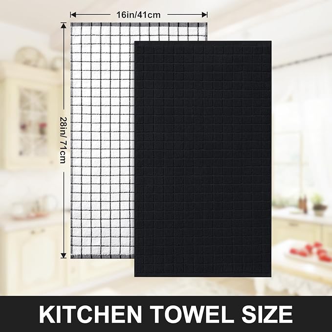 Homaxy Premium Cotton Kitchen Towels 16"x 28", Large Natural Ring Spun 390 GSM Dish Towels, Super Absorbent Terry Kitchen Hand Towels, Soft Tea Towels with Hanging Loop, Black Check Design, 12 Pack