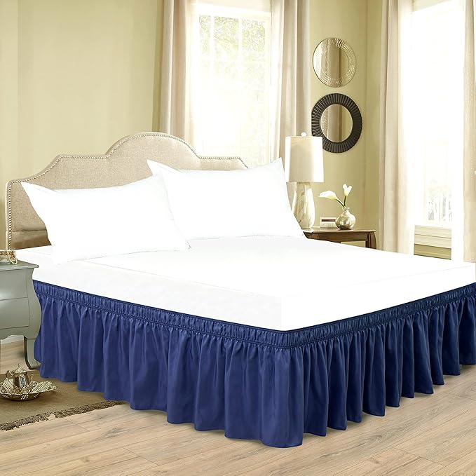 Biscaynebay Wrap Around Bed Skirts for King & Cal King Beds 19" Long Drop, Navy Adjustable Elastic Dust Ruffles Easy Fit Wrinkle & Fade Resistant Silky Luxurious Fabric Solid Machine Washable