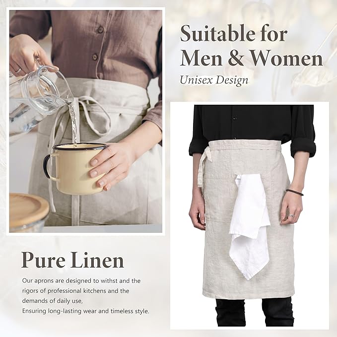 Pure Linen Bistro Half Apron - 25 x 35 Inch Unisex Waist Aprons with Large Pocket Ideal for Kitchen Crafts and More