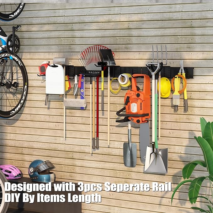 Howzone 48 Inches Garage Organization,Wall Mount Garden Tool Organizer, 660lbs Adjustable Heavy Duty Metal Hanging Hooks, Garden Tool Hangers Storage Rack for Garage, Yard, and Shed (3 Racks, 9 Hooks)