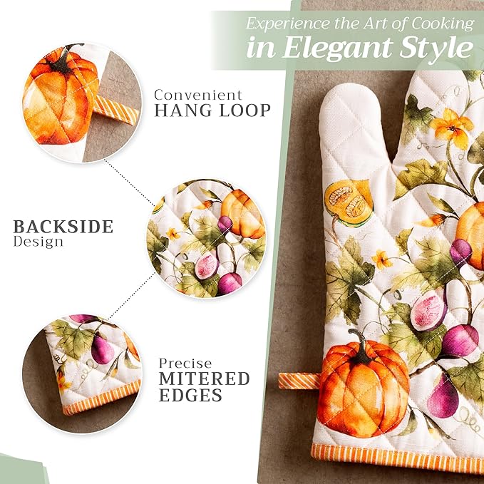 Maison d' Hermine Oven Gloves 100% Cotton Oven Mitt 7" x 13" with Loop Heat Resistant Cooking Gloves for Thanksgiving Christmas Decorations Handling Hot Pans (Pack of 1, Pumpkin Garden - Cloudy Cream)