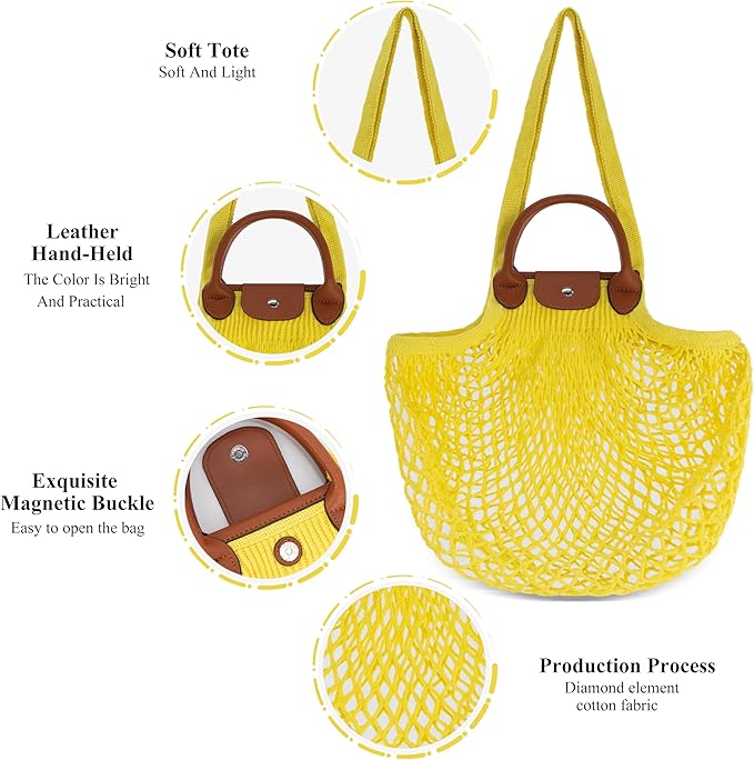 Hibala Woven Bag for Women, Fishing net bag,Straw Mesh Tote Bag, Beach,Hobo Bag, Foldable Large Capacity