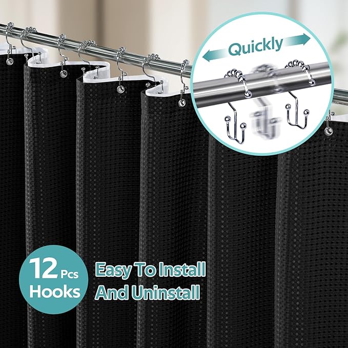 Vipfree 3 in 1 Shower Curtain Set, Waffle Shower Curtain and Liner Set with 12 Double Sided Shower Curtain Hooks, 258GSM Luxury Weighted Cloth Shower Curtains for Bathroom, 72 W x 84 H, Black