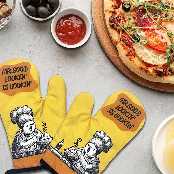 2 Pack Funny Oven Mitts for Men, Mr Good Lookin' is Cookin', Heat Resistant Silicone Non-Slip Mitts, Christmas Birthday Gifts for Dad Husband, Humor Grilling Cooking Gifts for Chef Friend