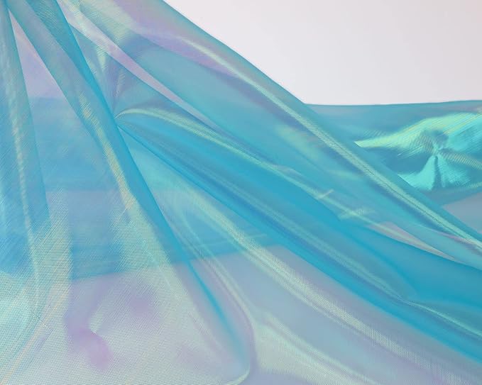 Sheer Iridescent Organza Fabric 58 Inches Wide - 10 Yards Precut - Shinny Wedding Party Decor Fairy Costume Voile Doll Clothes Sewing - Cyan Blue