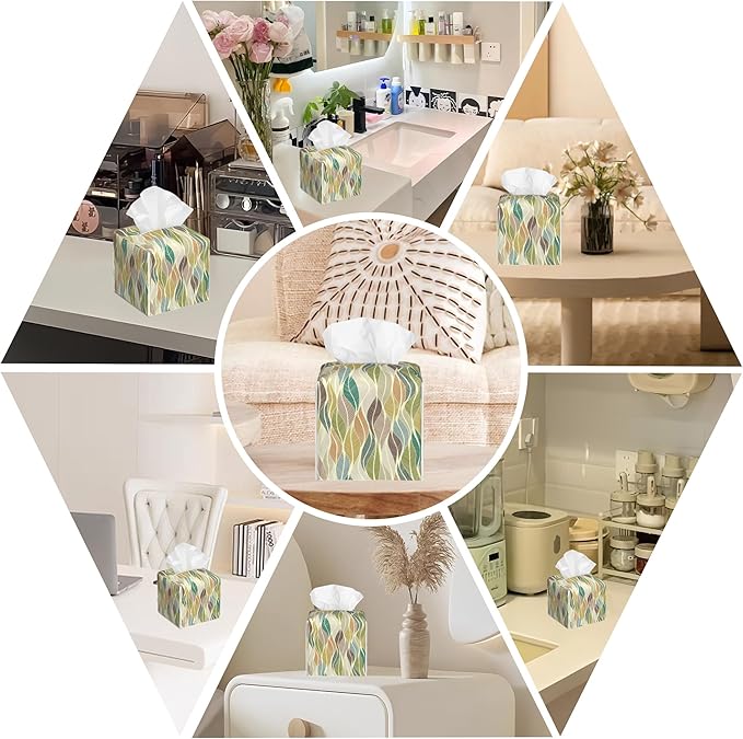 BLYKVGHQ Colorful Wavy Lines Square Tissue Box Cover Abstract Leaves Tissue Box Holder Facial Cube Paper Dispenser Leather Decorative Organizer Home Office Desk Decor, 5.2"x5.2"x5.2"