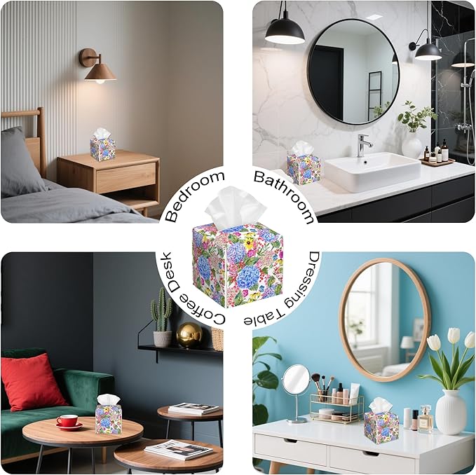 Summer Blooming Floral Tissue Box Cover,Hydrangea PU Leather Tissue Box Holder Square,Modern Home Decoration for Bathroom Living Room Kitchen Office Car,5.2"×5.2"×5.2"