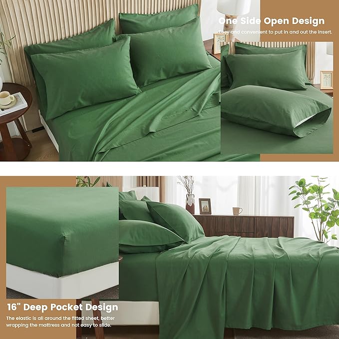 Simple&Opulence Belgian Linen Sheet Set Solid Color - 6 Pieces (1 Flat Sheet & 1 Fitted Sheet & 4 Pillowcases) 16" Deep Pocket Natural Flax Cotton Blended Soft Bedding - Forest Green, Queen Size