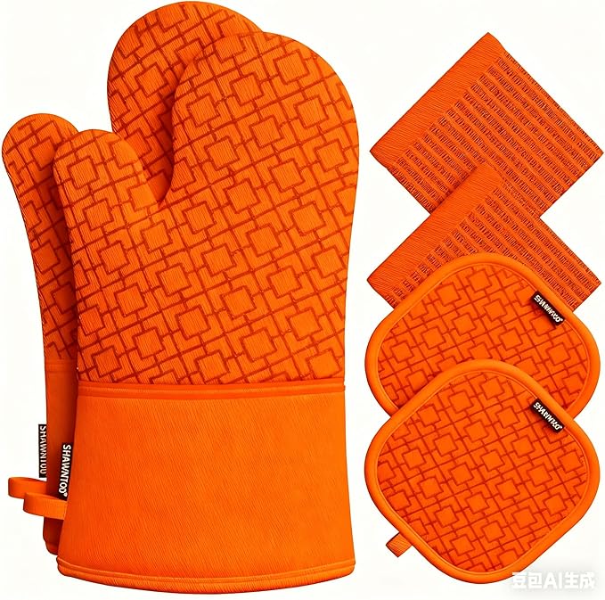 Oven Mitts and Pot Holders Sets 6pcs, Kitchen Oven Glove,High Heat Resistant 550 Degree Extra Long Oven Mitts and Potholders with Non-Slip Silicone Surface for Home Essentials (Grey) (Pumpkin Orange)