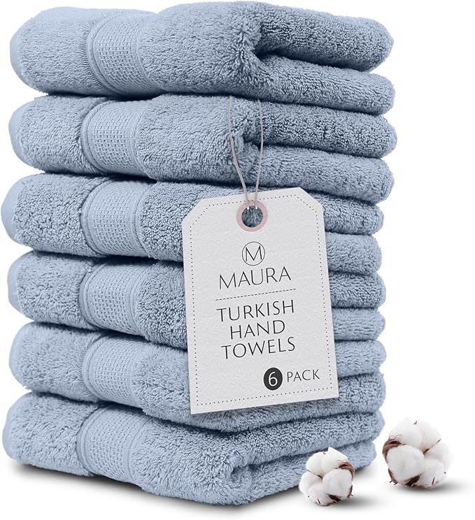 MAURA Light Blue Hand Towels for Bathroom. Luxury Turkish Cotton Bath Hand Towels Set of 6. Ultra-Soft, Thick & Plush - Serenity Blue