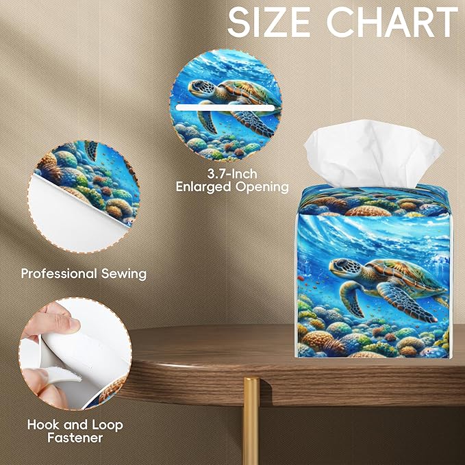 Tissue Box Cover Leather Tissue Box Holder Cube Tissue Case Cover Facial Paper Organizer Dispenser for Bathroom, Vanity Countertop, Office Desk (Watercolor Sea Turtle)