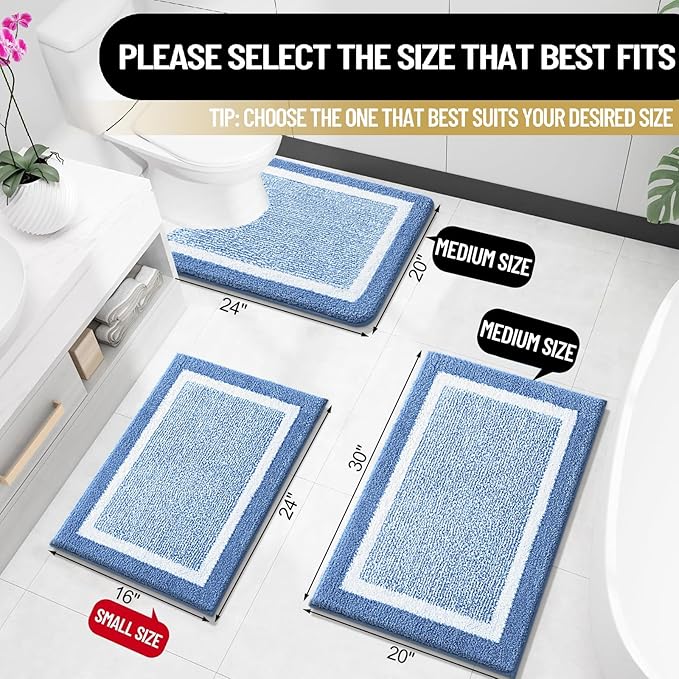OLANLY Bathroom Rugs 24x16, Extra Soft and Absorbent Microfiber Bath Mat, Non-Slip, Machine Washable, Quick Dry Shaggy Bath Carpet, Suitable for Bathroom Floor, Tub, Shower (Small, Blue)