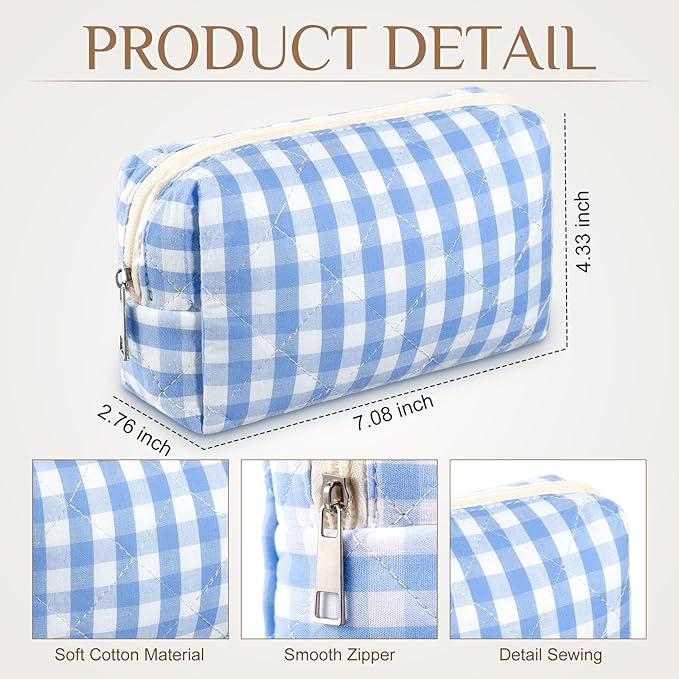 Paterr 6 Pcs Quilted Makeup Bag Bulk for Women Girls Birthday Valentine's Day Bridesmaid Gifts Cute Cotton Cosmetic Pouch Bow Floral Coquette Aesthetic Travel Toiletry Bag(Plaid,Blue)