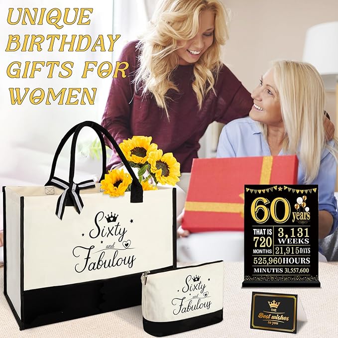 YeohJoy 60th Birthday Gifts for Women 60 and Fabulous Canvas Tote Bag Travel Gear, Unique 60 Years Old Gifts for Wife Sister Mom Aunt Friends Her, Handbag & Cosmetic Bag & 60 Birthday Poster