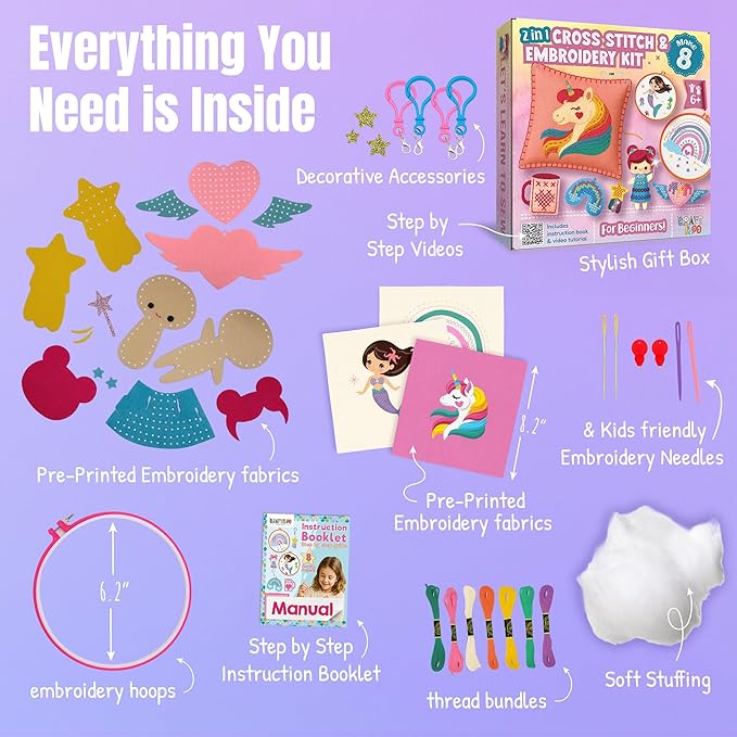 CRAFTILOO 2 in1 Cross Stitch & Embroidery Kit for Kids Ages 6+ Make 8 Projects Backpack Charms, Keyring, Doll, Wall Art, Unicorn Pillow & Card Holder Beginner Needlepoint & Creative Gift Set
