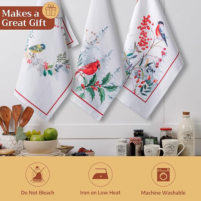Maison d' Hermine Kitchen Towels Set of 3 100% Cotton 20" x 27.5" Reusable Cloth Tea Dish Towels Absorbent with Hanging Loop for Kitchen Dining Thanksgiving Christmas Decorations (Morzine)