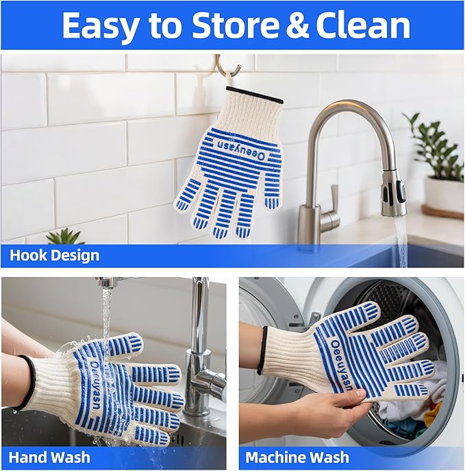 2PCS Super Heat Resistant Oven Gloves, 1472℉ High Temp BBQ Grill Gloves, Silicone Non-Slip Oven Mitts with Fingers, for Barbecue, Grilling, Cooking, Baking