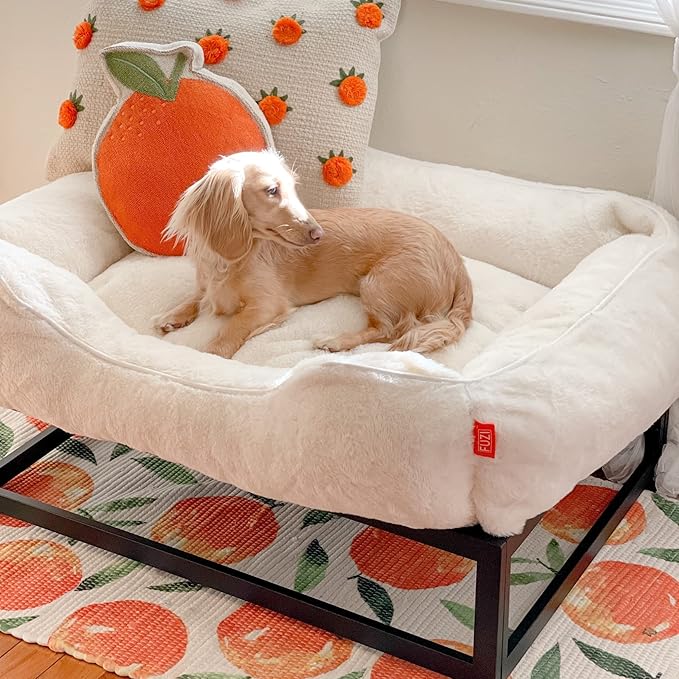 FUZI Elevated Dog Bed Small, Luxury Raised Dog Beds, Removable and Machine Washable Bed Cover, Indoor/Outdoor Orthopedic Pet Bed, Small 25.1x16.75x18 Soft White & Black Base