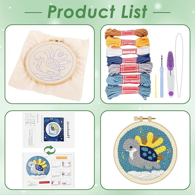 ERKOON Punch Needle Kit Adults Beginners, DIY Easy Sea Animals Embroidery Set for Starter Art Craft, Needling Punch Project with Patterns, Tools, Yarns, Hoop, Instruction (Turtle)