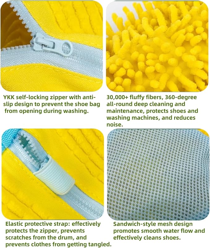LOJWRY Shoe Washing Machine Bag 2 Pcs XL, Shoe Laundry Bag for Washer with Self-Locking Zipper, 360°Deep Clean Effectively Protects Shoes Suitable for Sneaker, Tennis and Other Types of Shoes (Yellow)