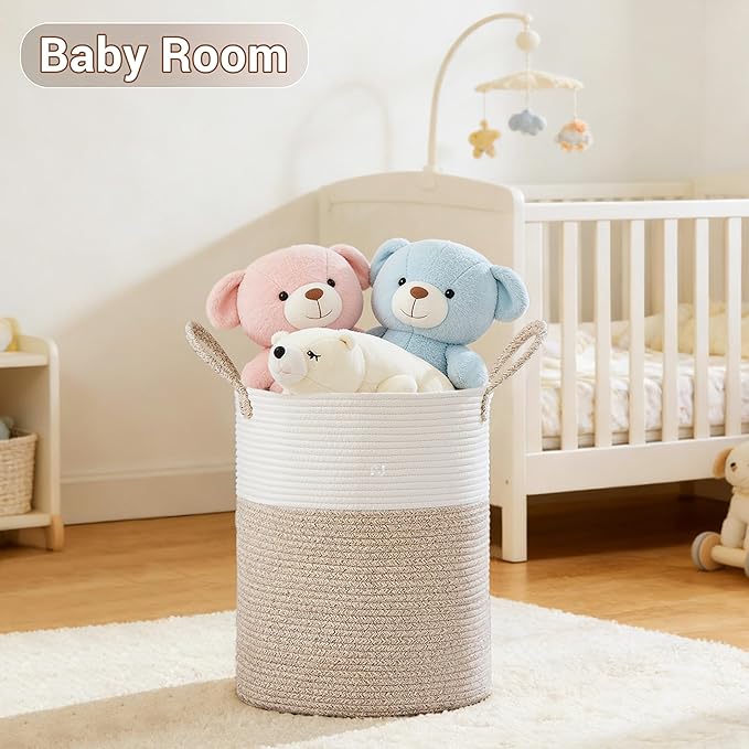 SunNewt Tall Laundry Basket with Handles, 53L Portable Dirty Clothes Hamper, Boho Cotton Rope Storage Bin for Blankets Kids Toys Gifts, Decorative Organizer for Baby Nursery Bedroom Bathroom, Brown