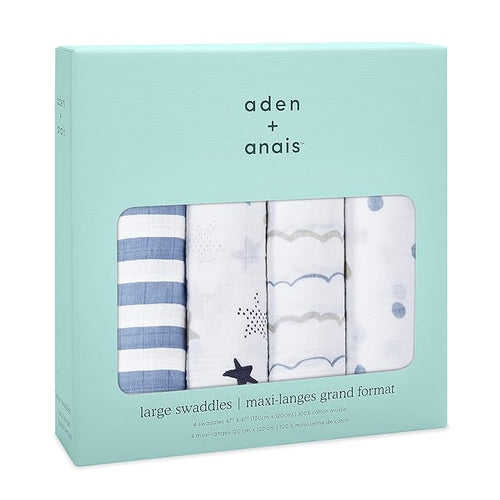 aden + anais Boutique Muslin Swaddle Blanket for Baby Girls and Boys, Newborn Receiving Blanket for Swaddling, 100% Muslin Cotton Swaddle Wrap, 4 Pack, Rock Star