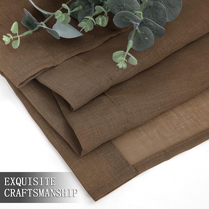 Tollpiz Short Sheer Curtain Linen Textured Bedroom Curtains Sheer Light Filtering Rod Pocket Voile Curtain for Living Room, 54 x 54 inches Long, Brown, Set of 2 Panels