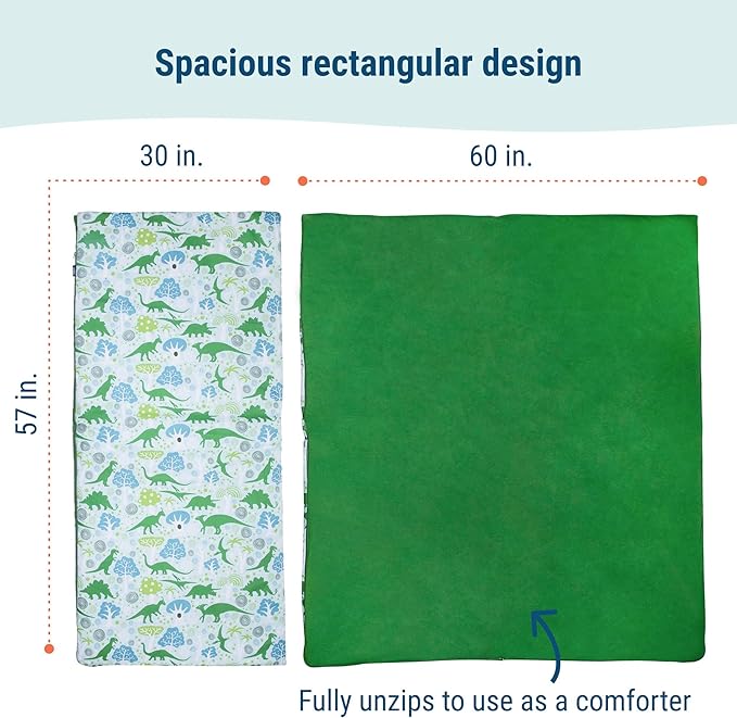 Wildkin Kids Sleeping Bag – Roll-Up Design with Storage Bag for School, Travel & Camping - Dinomite Dinosaurs