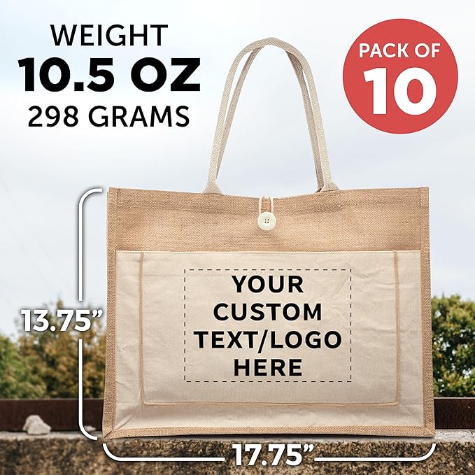 DISCOUNT PROMOS Custom Jute Tote Bags with Cotton Pocket Set of 10, Personalized Bulk Pack - Reusable, Great for Picnic, Camping, Beach, Outdoor Activities - Natural