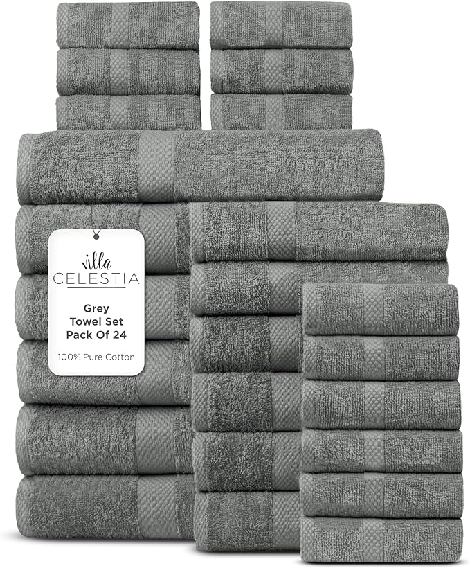 Villa Celestia 100% Cotton Bath Towel Set of 24-6 Bath Towels, 6 Hand Towels, 12 Wash Cloths, Sustainable, Soft, Highly Absorbent, Combed Cotton 24 Piece Set for Hotels, Spa, Bathroom, Dorm, Grey
