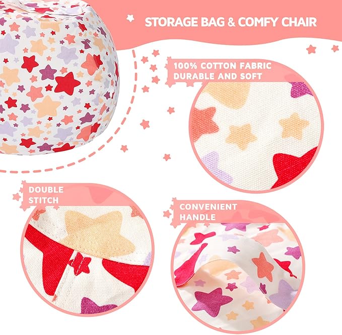 WEKAPO Stuffed Animal Storage Bean Bag Chair Cover for Kids | Stuffable Zipper Beanbag for Organizing Children Plush Toys Large Premium Cotton Canvas (Large Star, X-Large)