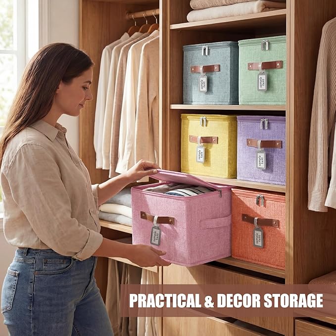 Fiwochic 6 Pack Fabric Storage Bins with Lids and Label, 10×8×7In Foldable Cotton Linen Cute Storage Box with PU Leather Handles for Closet, Bedroom, Nursery, Pink, Purple, Blue, Green, Yellow, Orange
