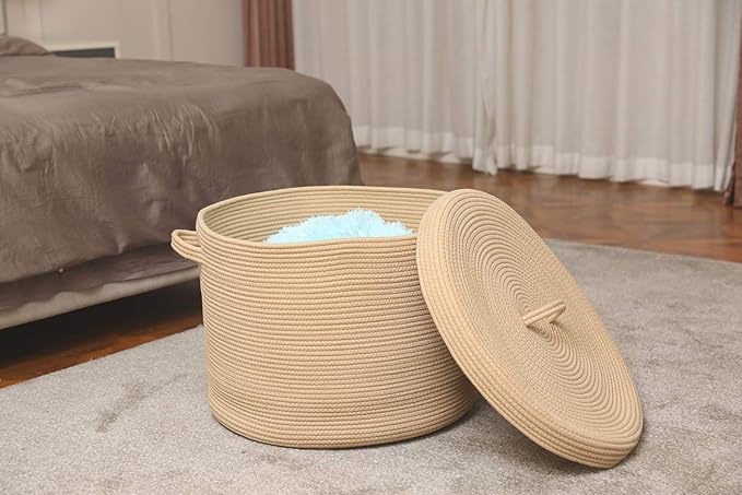 20" x 20" x 15" Extra Large Storage Basket with Lid, Cotton Rope Storage Baskets, Laundry Hamper, Cloth Bin, for Clothes Towels Blankets Pillows Storage in Living Room, All Beige