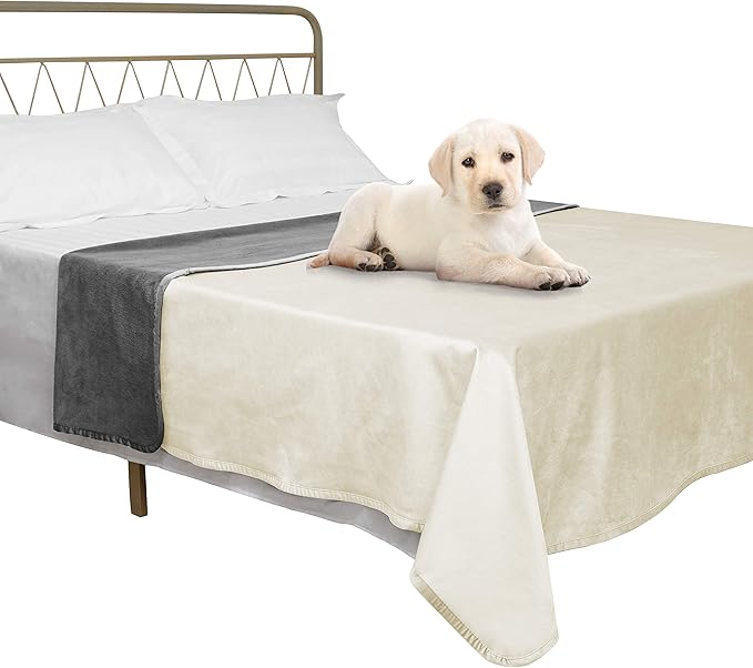 Ameritex Pet Bed Blanket Reversible 100% Waterproof Velvet Super Soft for Sofa and Bed (52x82 Inches, Cream+Grey)