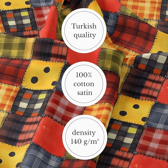Harvest Plaid Patchwork Cotton Fabric Panel 61 × 36.6 Inches, Cozy Fall Checkered Print Cotton 140 GSM, Pre-Cut Sewing Fabric for Quilting, Crafts & Home Decor (USA Size)