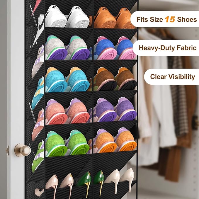 UVIAHOMI 30 Pairs Over the Door Shoe Organizer, Clear Pockets Hanging Shoe Storage for Closet, 10-Tier Door Shoes Rack Storage, Handing Shoes Holder Fit All the Family's Sneakers, Boots, Heels, Black