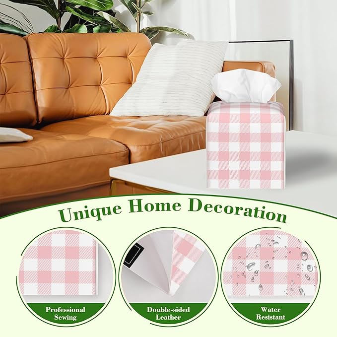 Pink and White Checkerboard Tissue Box Cover,Colorful Buffalo Check Plaid Waterproof Leather Square Tissue Box Cover Case Facial Paper Organizer Dispenser Box Holder for Home Office Bathroom Vanity