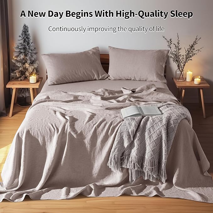 LBRO2M 100% Linen Sheet Set 16" Deep Pocket King Size,Bed Sheets 4 Piece Sets,Solid Color Natural Flax Bed Sheets Soft Breathable Bedding, All Season (King, Mauve Desert)