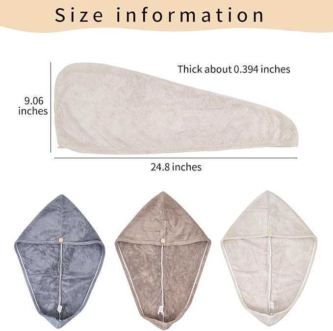 HFZRZFH 3 Pack Plush Yarn Hair Towel Wrap for Women, Super Absorbent & Quick Drying Turban, Anti Frizz Head Towel for Long, Thick, Curly Hair with Secure Button