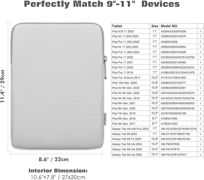 MoKo 9-11 Inch Tablet Sleeve Bag Carrying Case Fits New 11 inch iPad Air M3, iPad A16 2025, iPadPro 11 M4, Air 5/4/3, iPad10/9/8th Gen, Tab S8/S9 11", Gray + White