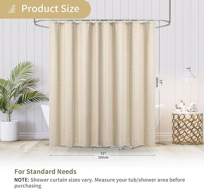 Lameirose Beige Shower Curtain Boho, 72 x 72 Cotton Blend Waffle Weave Stripe Textured Heavy Duty, Fabric Shower Curtain for Bathroom, Hotel, Washable