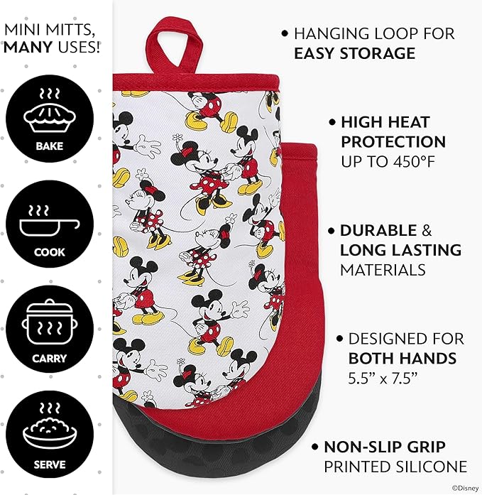 Disney Oven Mitts - 5.5” x 7.5” Heat-Resistant Mini Oven Mitts with Non-Slip Printed Silicone Disney Silhouettes - Mickey & Minnie, Stich, Winnie The Pooh