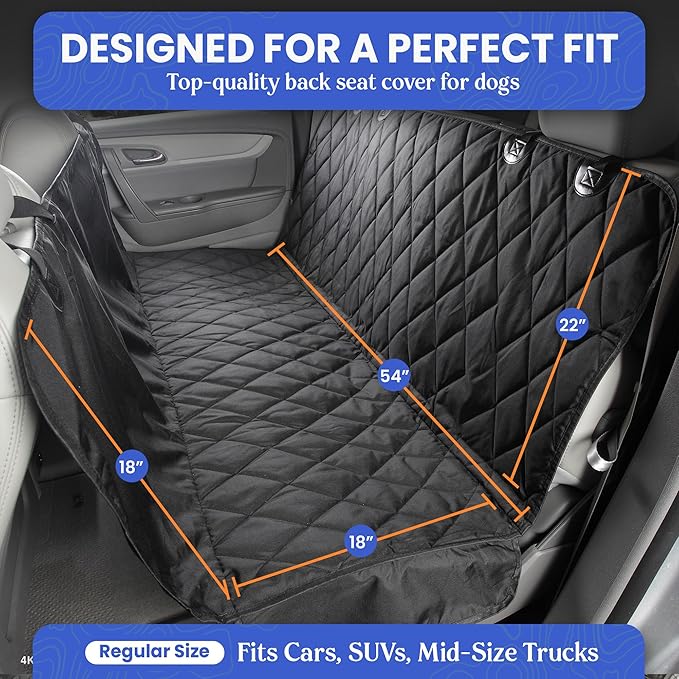 4Knines Dog Backseat Cover with Hammock for Cars, SUVs, and Trucks – Waterproof Layers, Nonslip Seat Protector, Durable Nylon Clips, K9 Shield with Heavy Duty Thread, (Regular, Black)